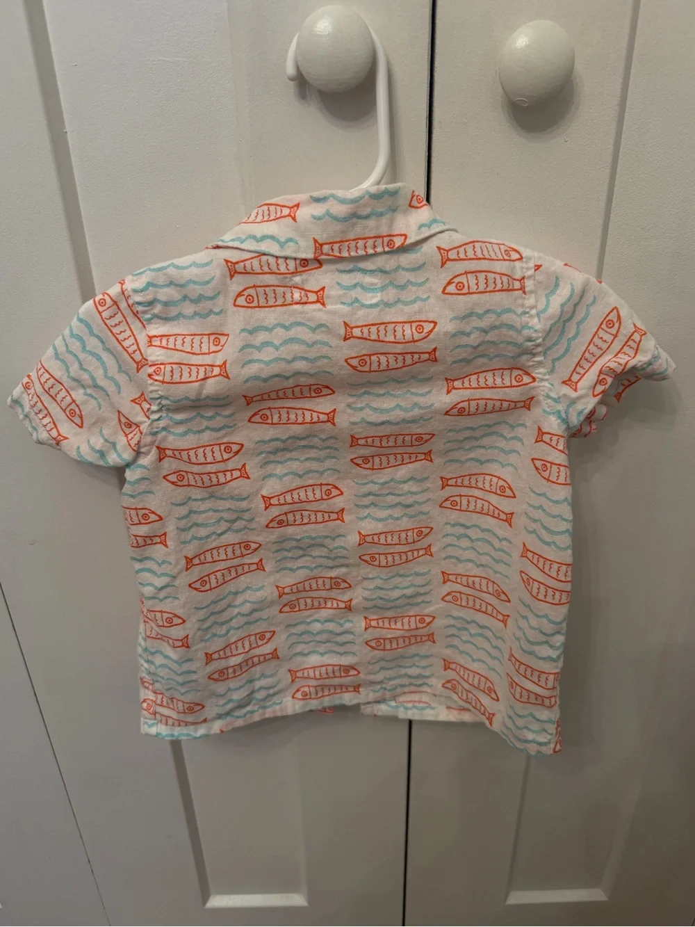 Baby Gap Linen Blend Fish Print Short Sleeve Button Down Shirt 12-18 months